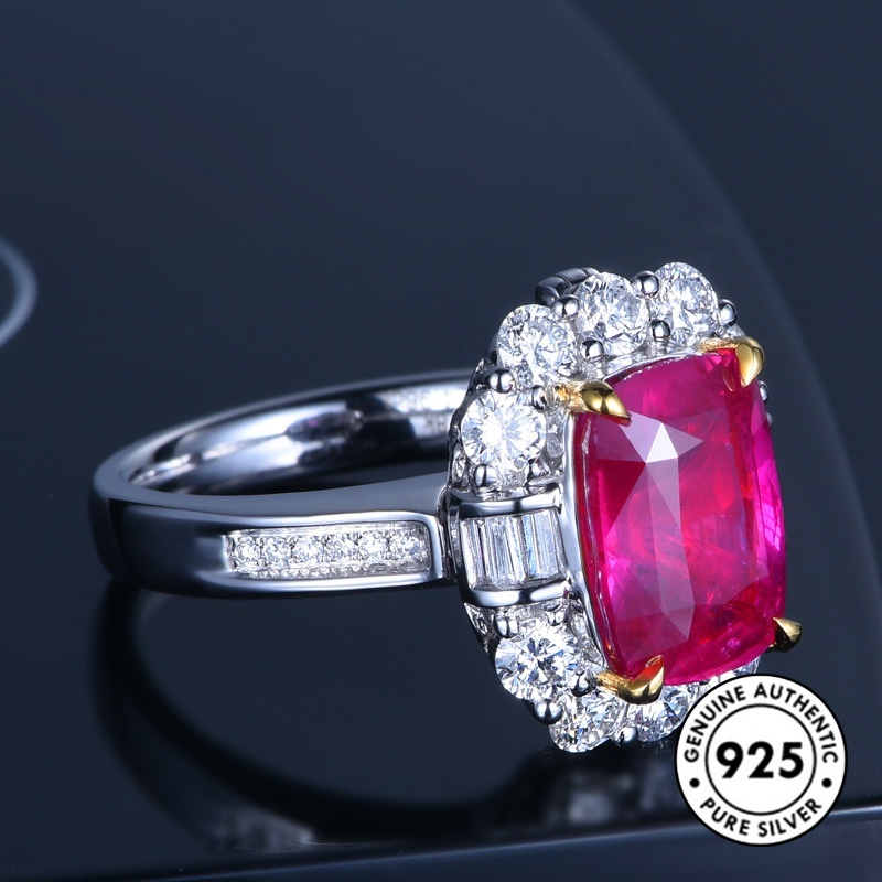 Cincin S925 Silver Bentuk Kotak Aksen Berlian Warna Merah