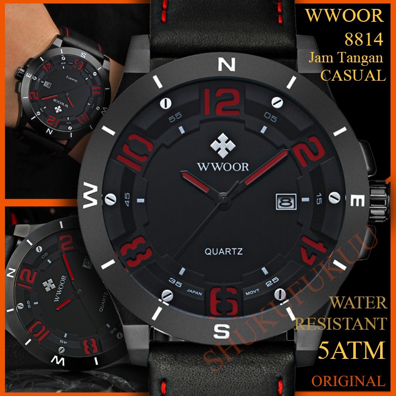WWOOR 8814 Jam Tangan Kasual Pria Tali Kulit Black Red Original