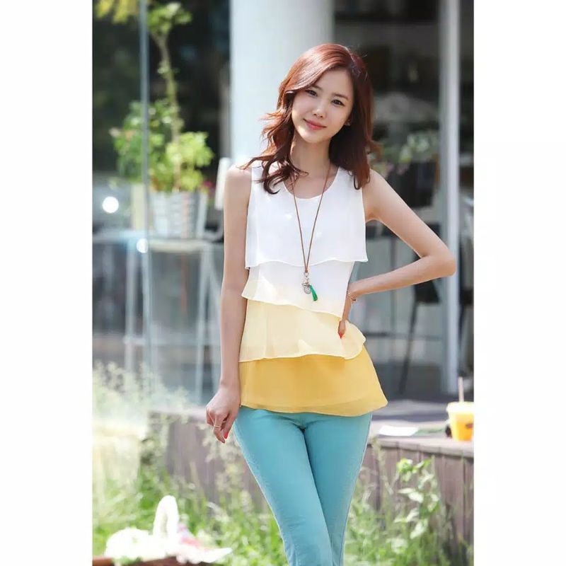 IMPORT Blouse Korea Chiffon Sifon Kuning Tanpa Lengan