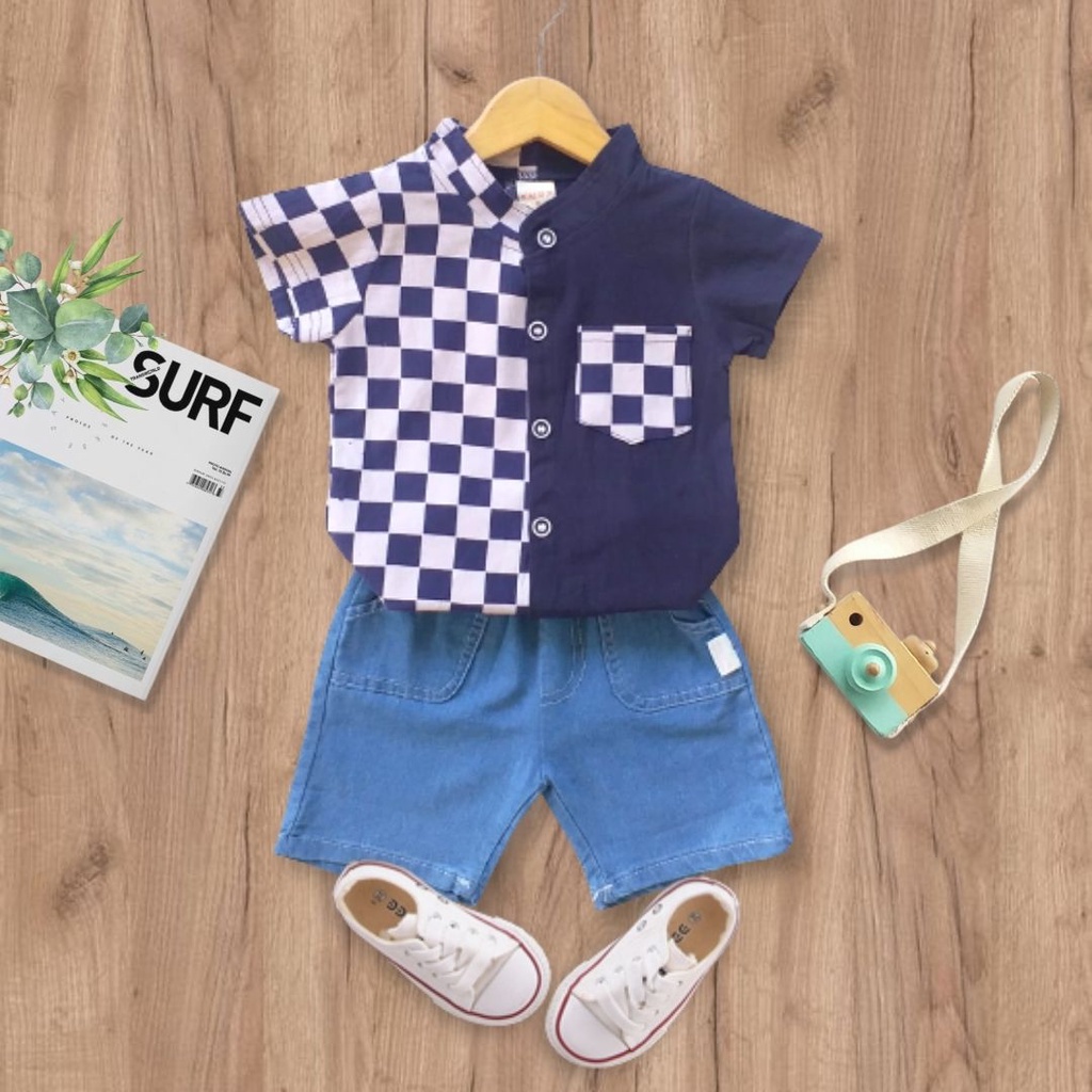 HappyOliver SET CHESS JEANS EBV Setelan Kaos Anak Bayi Laki-laki Pendek 6bulan - 4tahun