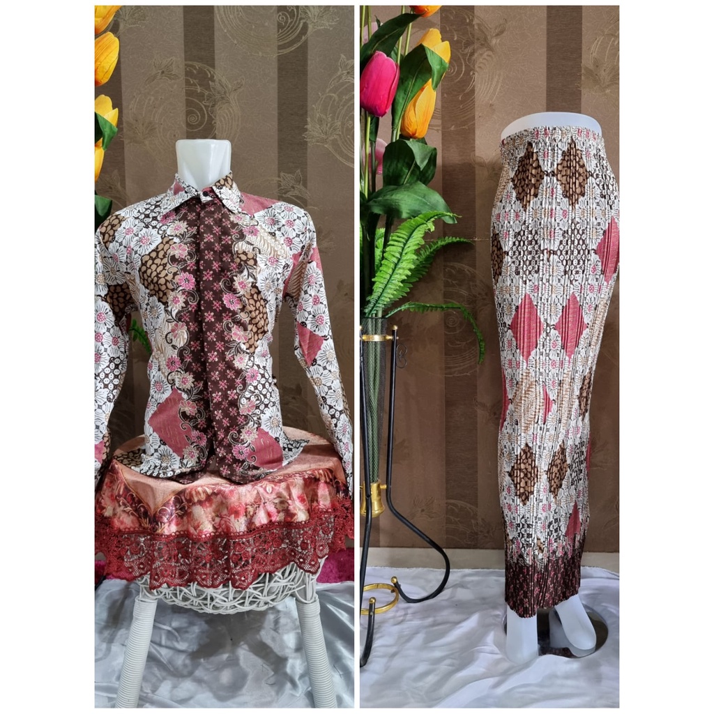 Kemeja Couple Batik Lengan Panjang dan Rok Plisket | Sale Kemeja Premium | Kemeja Semi Sutra | Couple Rpk Plisket dan Kemeja HEM Batik dan Rok Plisket Batik Maxi JUMBO