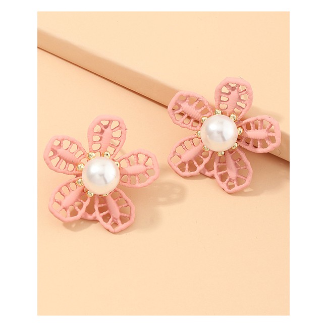 LRC Anting Tusuk Fashion Yellow Flower Pearl Dropping Hollow Alloy Earrings K27038