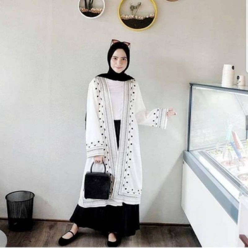 Pakaian Wanita Terlaris ILMA OUTER // Outer Motif Bordir // OUTER WANITA // OUTER MURAH // OUTER MUSLIM / luaran wanita / outer jumbo / long outer / outer terbaru 2022 / kardigan wanita-Putih