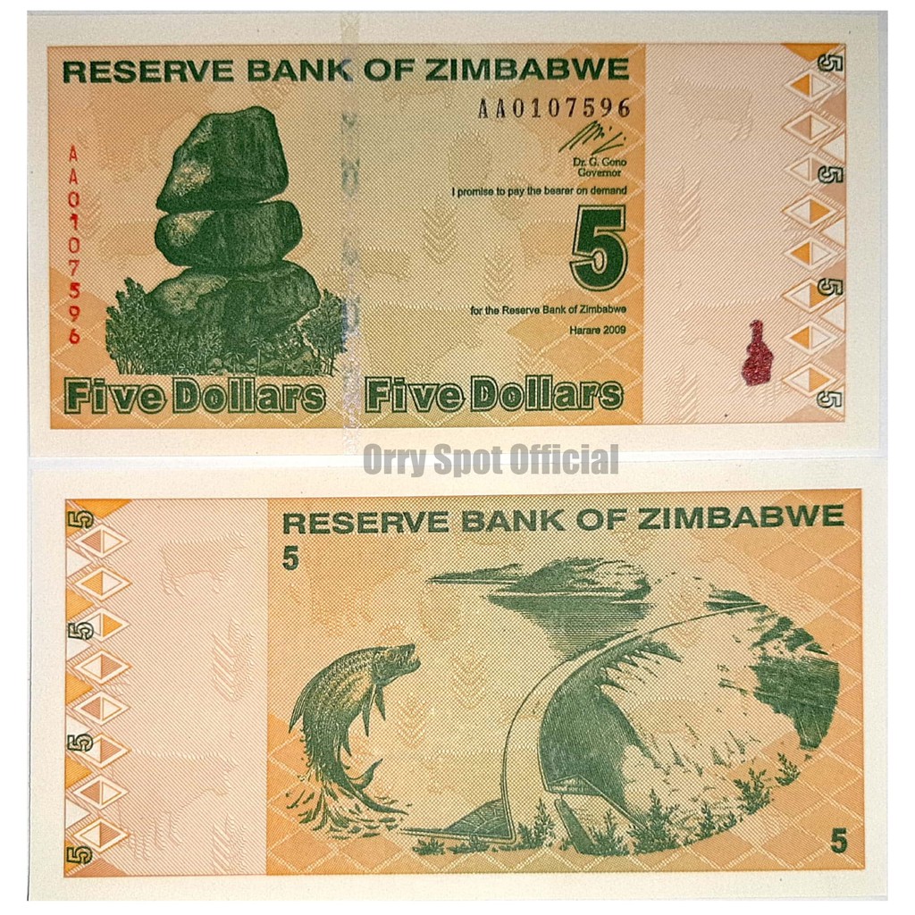 UANG LUAR KUNO ASLI ZIMBABWE 5 DOLAR TAHUN 2009 KONDISI MULUS UNC