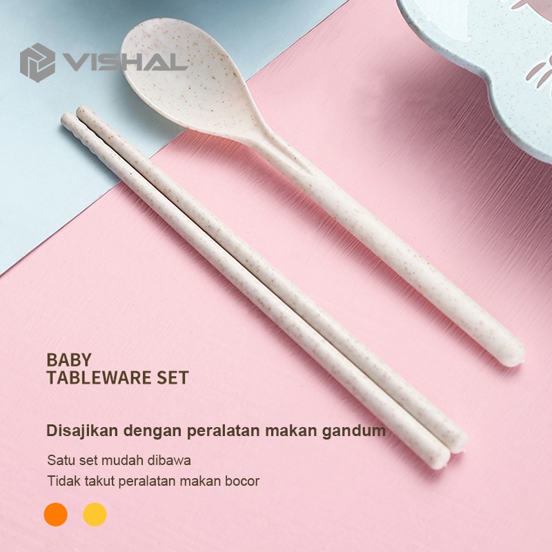 VISHAL Tempat Makan Set + Gelas + Mangkok / Tempat Sendok Garpu&amp;Amp Sumpit Piring Makan Anak Kartun