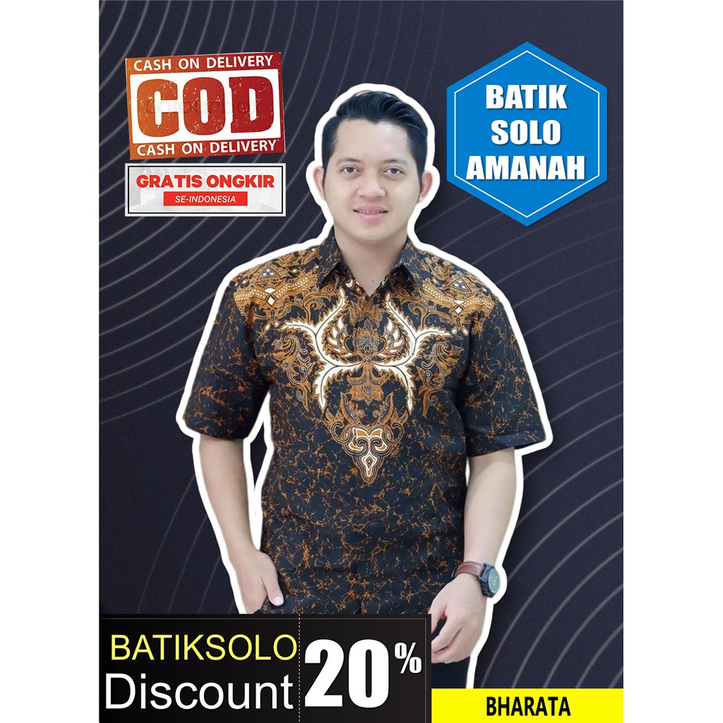 BHARATA BATIK INDONESIA KEMEJA BATIK PRIA SOLO LENGAN PENDEK LAPIS FURING ATASAN PREMIUM MODERN KATUN HALUS PARI COKLAT MERAK PUSPITA BAYUSUTA SUKET SEGORO MACAN KUNING KALAWANGSA AJI LUWUNG TURKEY BANYU IJO MANUK BIRU VAMANA BATIK SOLO AMANAH BATIKSOLO