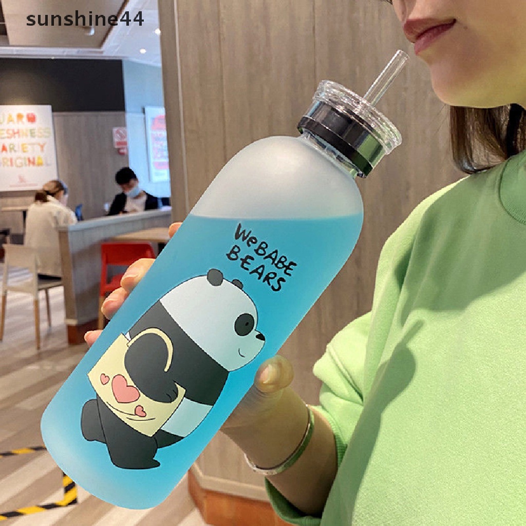 Sunshine Botol Minum 1000ml Transparan Motif Panda / Beruang Kartun Dengan Sedotan Anti Bocor