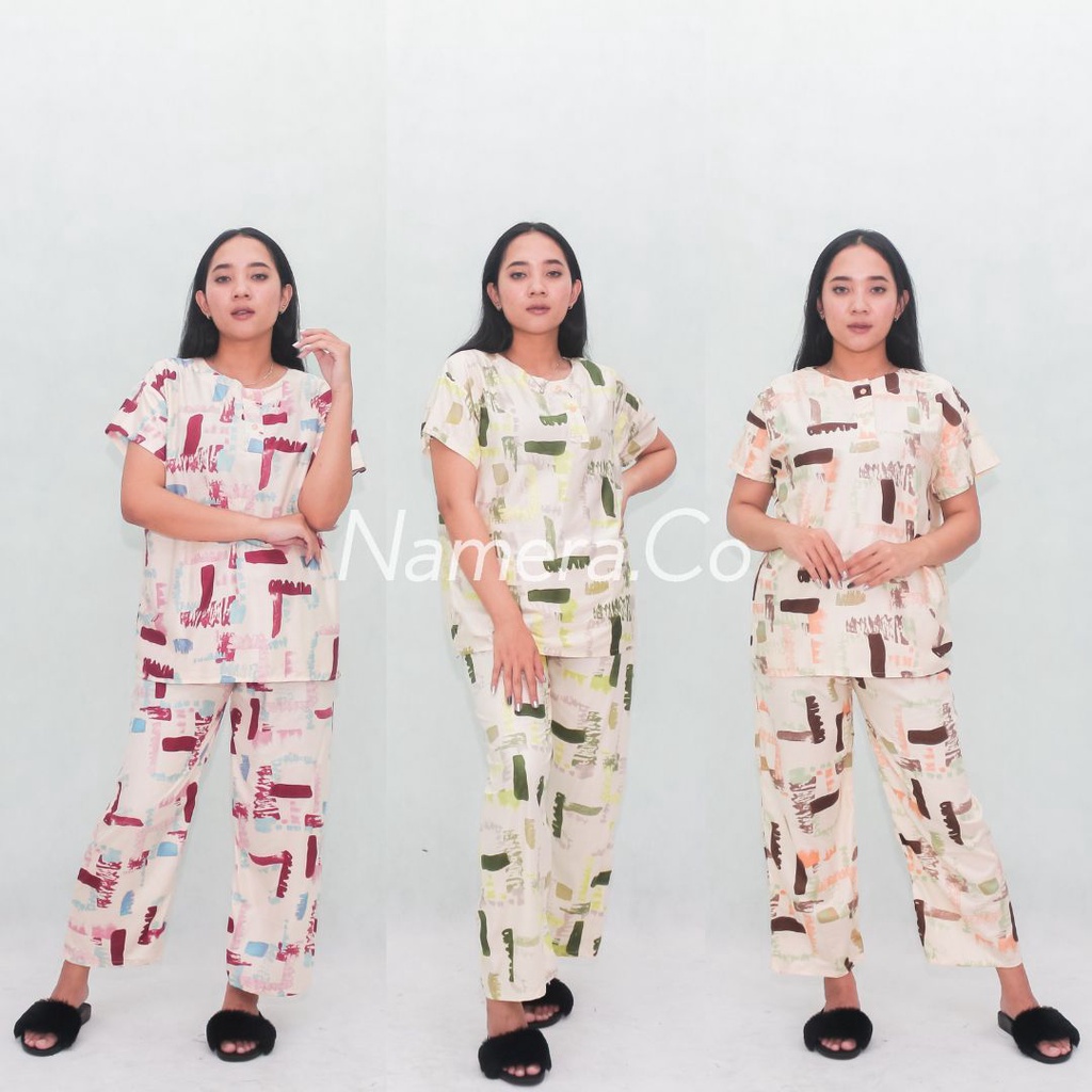 Pakaian Wanita Baju Tidur Celana Panjang Lengan Pendek  One set Rayon