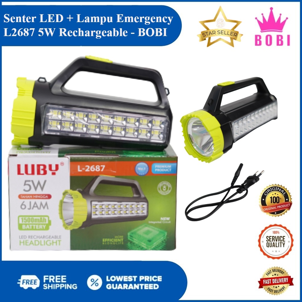 Lampu Senter Kode L2687 /  Senter LED + Lampu Emergency L2687 5W Rechargeable / Lampu Senter Bobi Warna Random