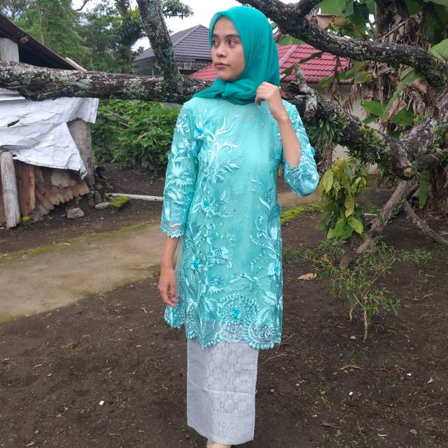 Baju kurung tulle bordir 3D tosca