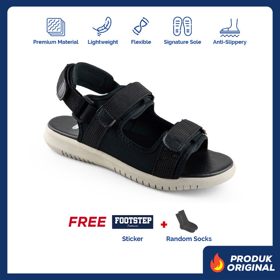 BIONIC BLACK ORIGINAL x FOOTSTEP Sandal Casual Hitam Pria Sendal Gunung Kasual Jalan Santai Harian Main Hangout Lebaran Fashion Distro Remaja Traveling Outdoor Premium Travelling Footwear Tali 2 Strap Big Size Jumbo Ukuran Besar 44 Keren Terbaru Kekinian