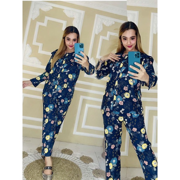 SETELAN PIYAMA WANITA PREMIUM HIGH QUALITY // LD 100 - 110 ONE SET RAYON MOTIF BARU // SET RAYON-7