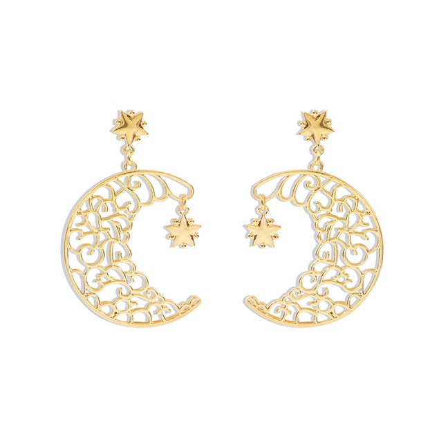 LRC Anting Tusuk Fashion Pentagram Moon Hollow Alloy Earrings K25891