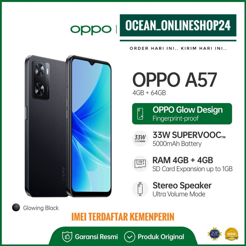 PROMO OPPO A57 RAM 4GB 64GB - BLACK - IPX4, IP5X - HELIO G35 - 33W SUPERVOOC™ - 5000mAh