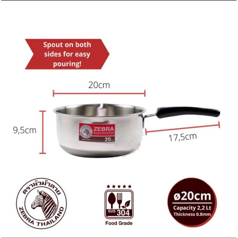 Sauce Pan ZEBRA 20 Cm 166306 Stainless Steel - Panci Stainless - Saucepan