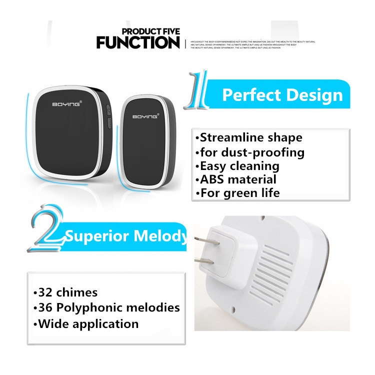 Bel Pintu Rumah Wireless Doorbells Waterproof 36 Nada Berkualitas Desain Minimalis / Bel Pintu Rumah Tanpa Kabel Murah Ting Tung Energi Baterai Anti Air Apartemen Bell / Bel Pagar Rumah Pencet Bunyi Keras Jarak Jauh 2 Receiver