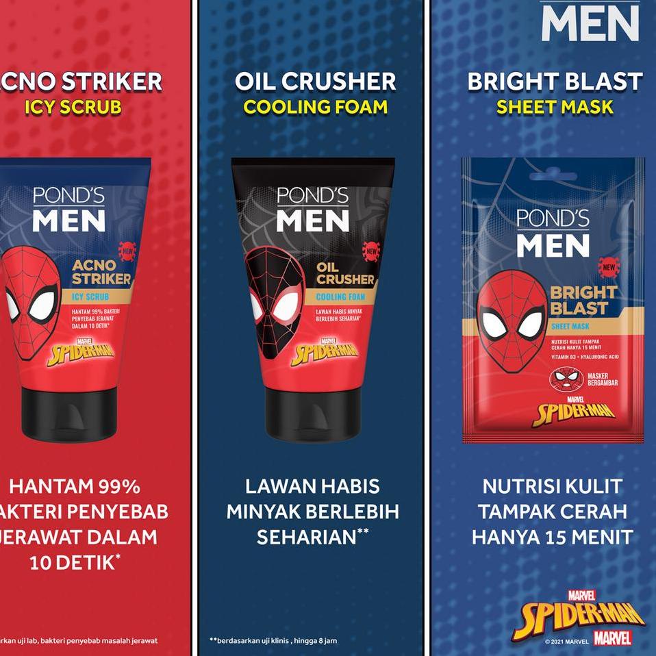 ♤ Ponds Men Facial Wash Acno Striker Scrub + Oil Crusher Foam 100g Spiderman Edition ✻