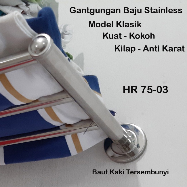 Rak Gantungan Baju Dinding Stainless Steel 75 cm, 3 Baris