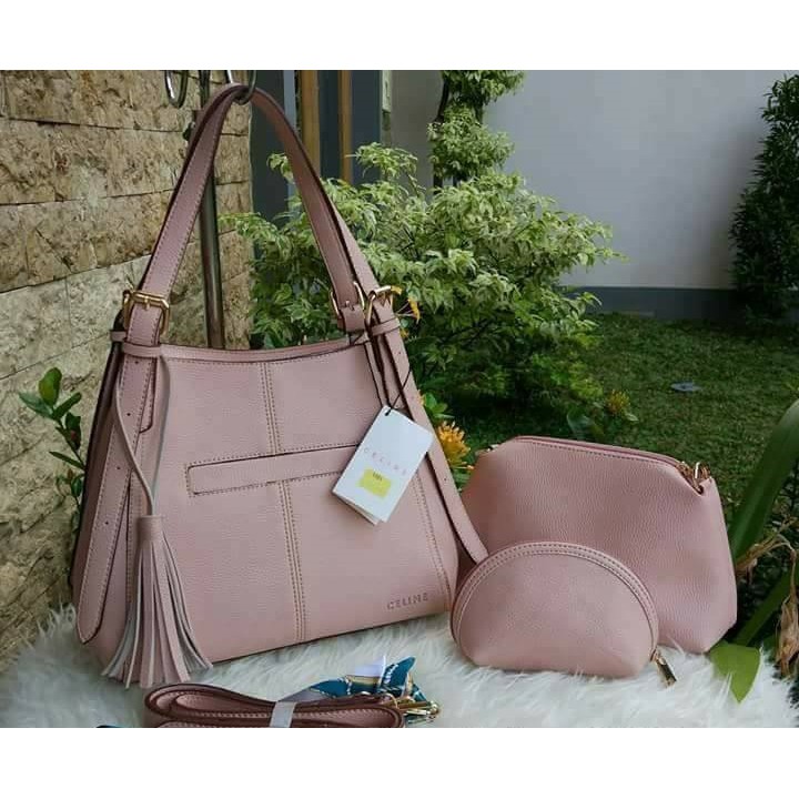 Terbatas Tas Wanita Import Branded Celine 3in1 Kulit Jeruk Warna Baby Pink Muda