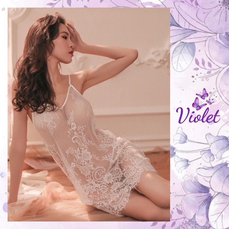 Violet Lingerie Seksi Transparan Baju Tidur Musim Panas Tipis Renda Bunga 1090