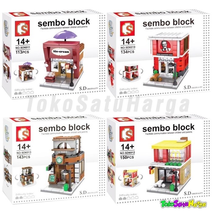 Brick Lego Sembo Fast Food Cafe 6010-13 KFC Mc Donalds Starbuck Haagen Dazs Set