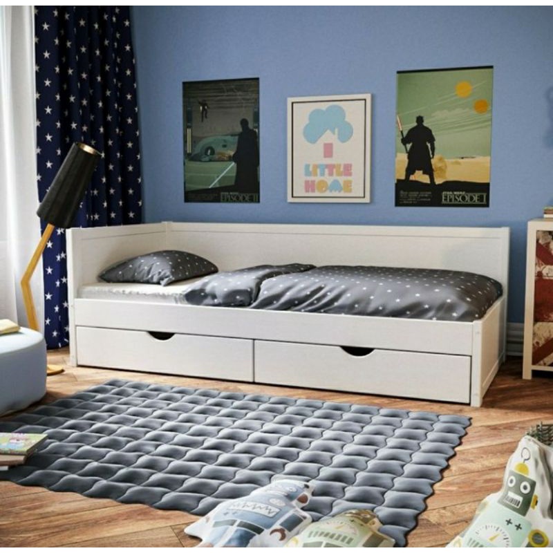 Tempat tidur anak laci ranjang sorong minimalis, ranjang kasur remaja motif putih