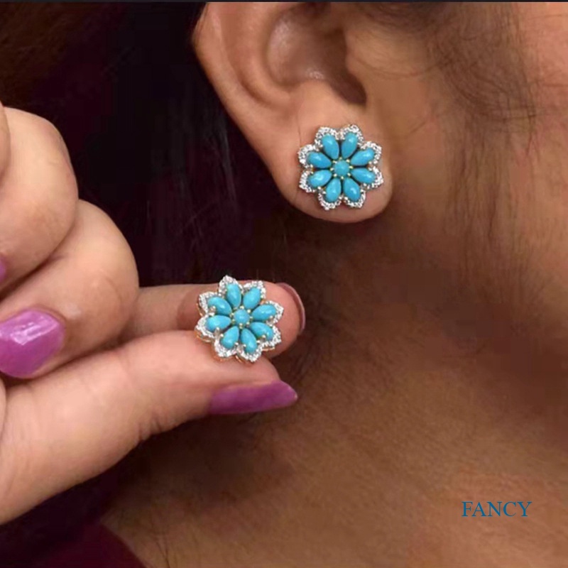 Boho Vintage Turquoise Stud Earrings Women 925 Sterling Silver Snow Flower Diamond Earrings Bridal Wedding Party Anniversary Gift Jewelry