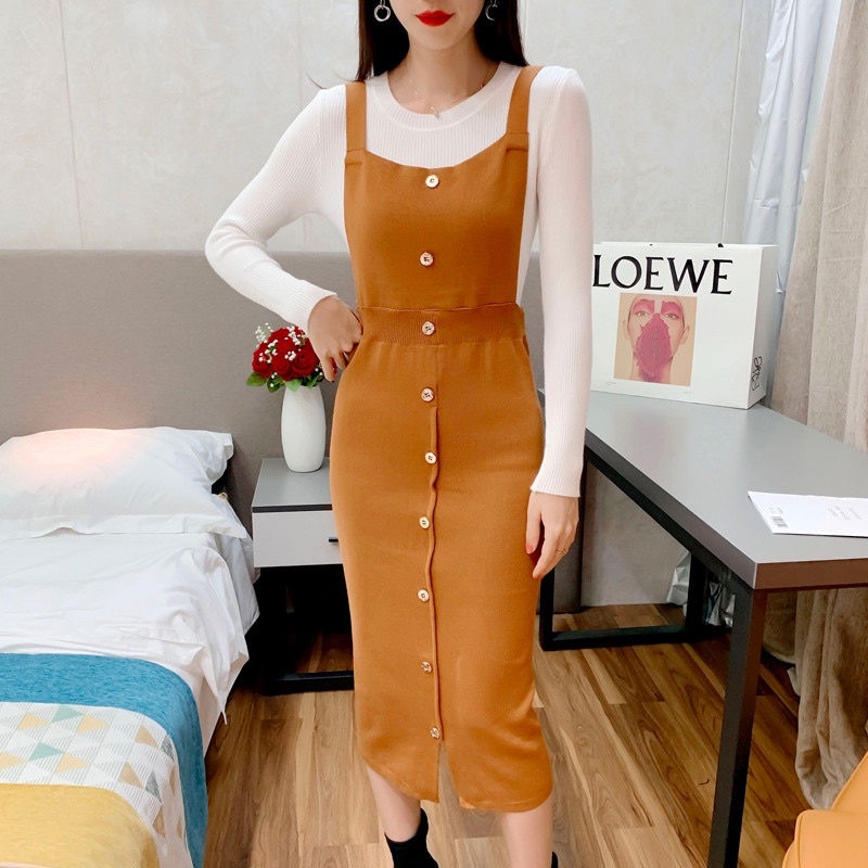 Overall set dress wanita bahan rajut halus import - Dress overall include inner kaos dalaman