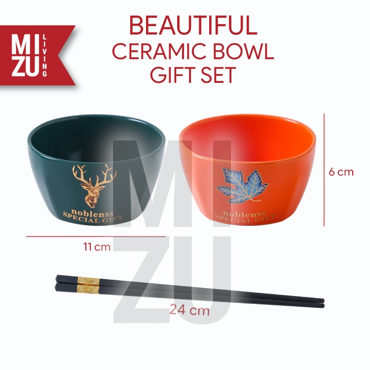 MIZU HIRSCH 4SET Modern Ceramic Bowl Chopsticks Gift Set Mangkok Sumpit