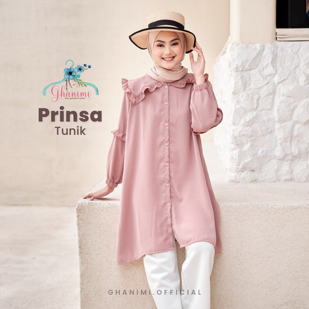 Ghanimi - Prinsa Tunik / Tunik Ruffle Polos / tunik kondangan kekinian / tunik gamis terbaru / tunik kerah asimetris korean style / tuni plos casual formal daily / tunik lengan bishop balon