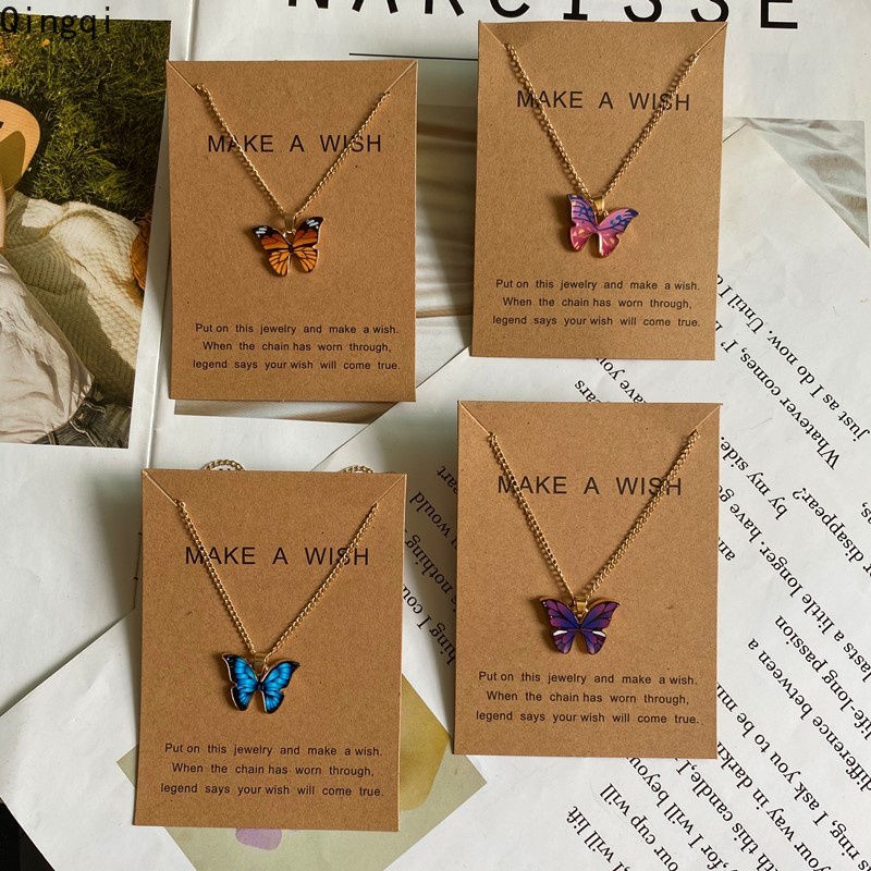 Anting Dan Kalung Rantai Liontin Butterfly Warna-Warni Untuk Wanita