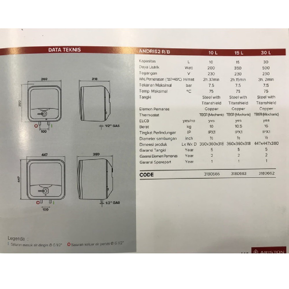 Ariston Andris 2 AN2 RS 15 liter 350 watt Water Heater Pemanas Air Mandi