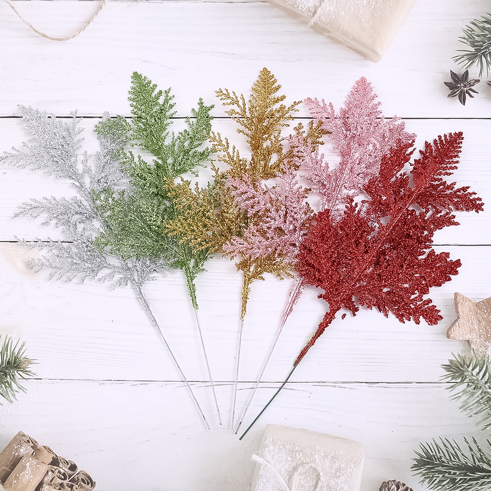 5 Pcs / Pak Daun Pinus Buatan Bahan Sequin Glitter Untuk Dekorasi Pohon Natal