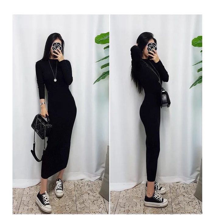 Long Dress Rajut Kerah Bulat Bodycon O-Neck