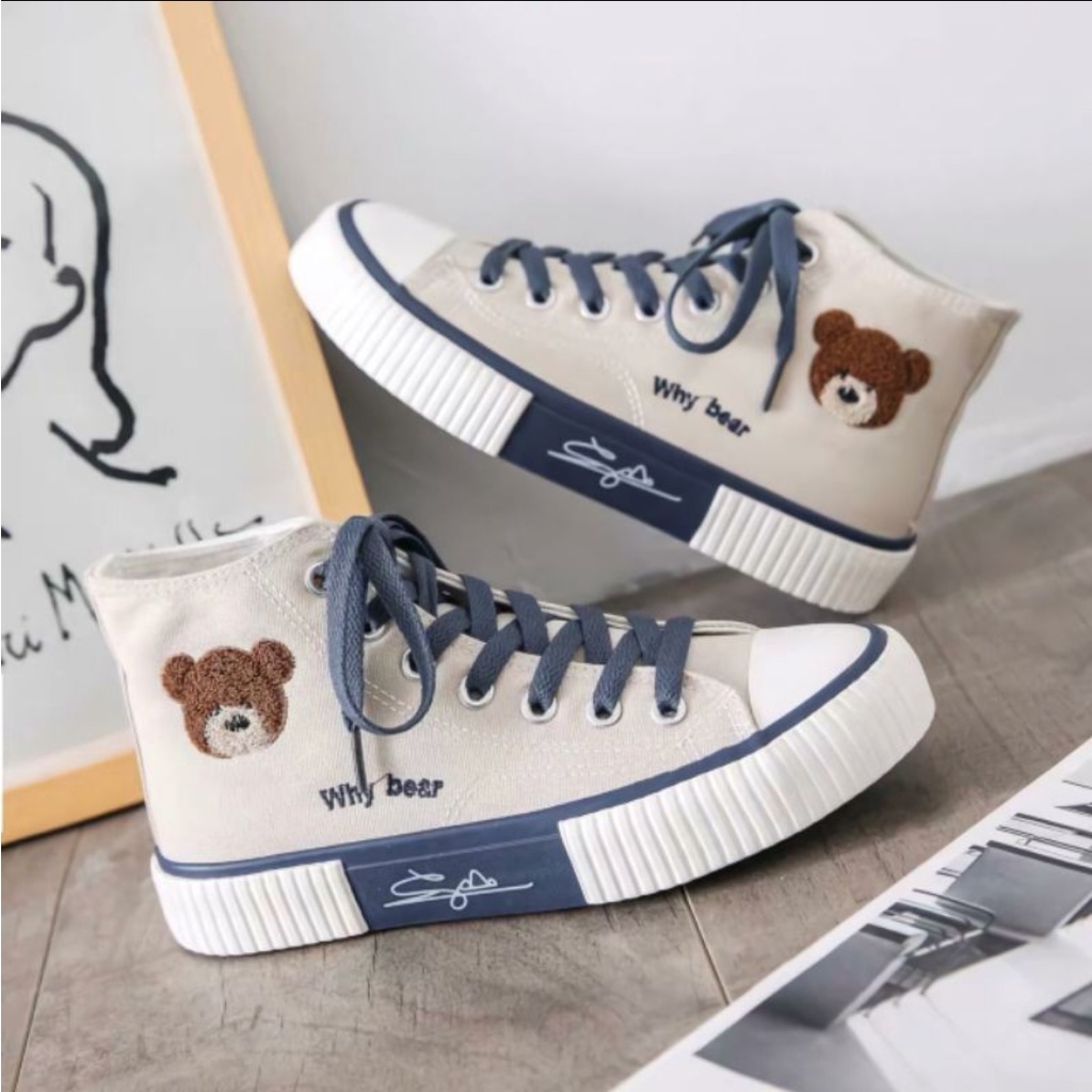 Sepatu Korea Wanita Why Bear Tinggi Putih Navy Import / Sepatu Sneakers Canvas Korean Style White High Women Fashion