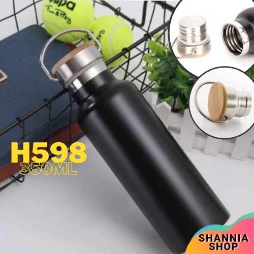 H598 [ HITAM ] Termos Tutup Bambu MINI 350 ml / Tumbler Stainless Steel Tahan Panas ( H-598 )