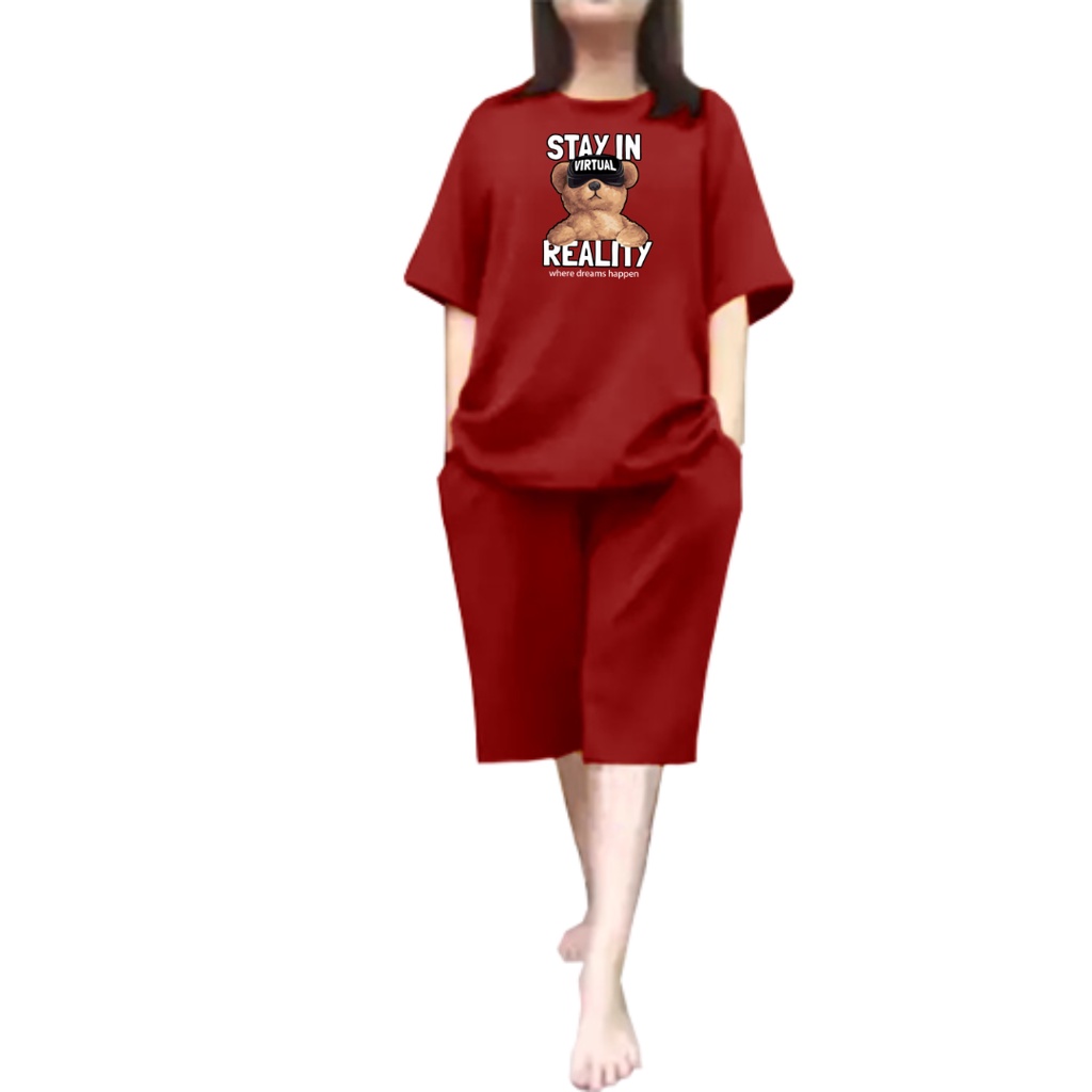 Setelan Jumbo Oversize Wanita Stay In Reality Teddy Celana Pendek LD 110 / Kaos Wanita