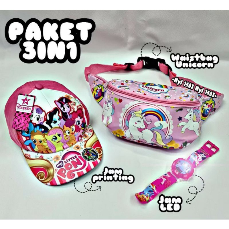 Paket Murah 3in1 tas selempang waistbag anak Perempuan + topi dan jam tangan