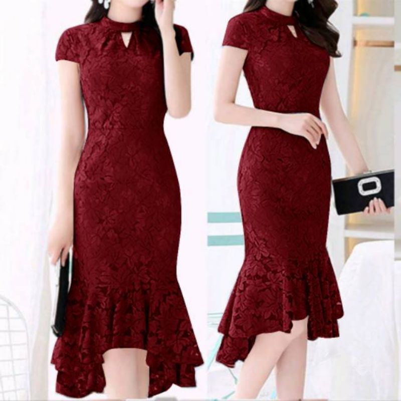 Baju Dress Wanita Remaja Modern Pakaian Natal Terbaru 2022 2023 Dress Shopia Lace Bahan Brokat Fashi