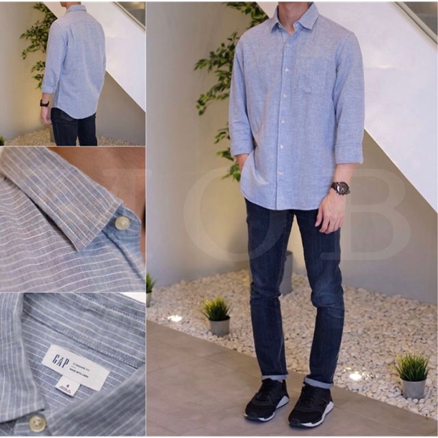 Kemeja gap linen katun grey stripe