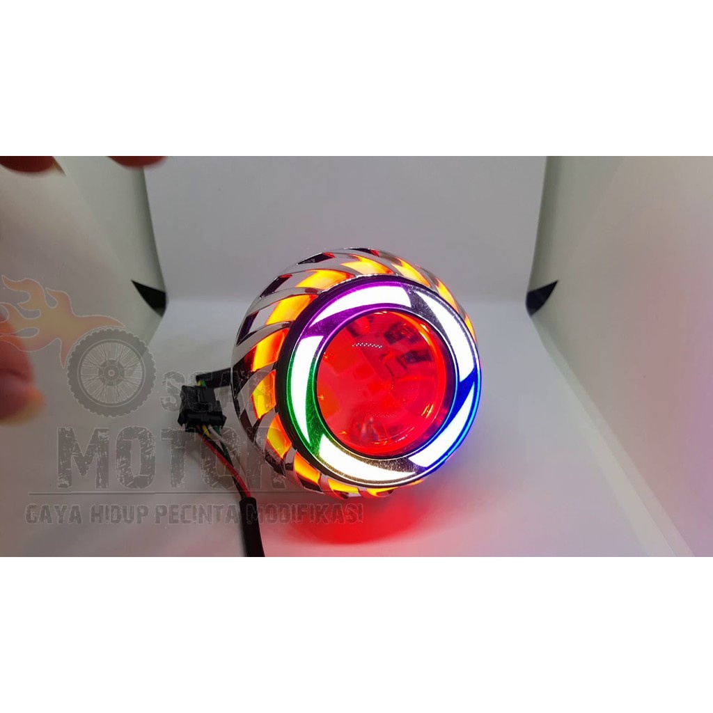 LAMPU DEPAN PROJIE V5 SABIT BESAR BOHLAM LED LONG STAY FLASH HEADLAMP ANGEL KIPAS RAINBOW RUNING4208 motor