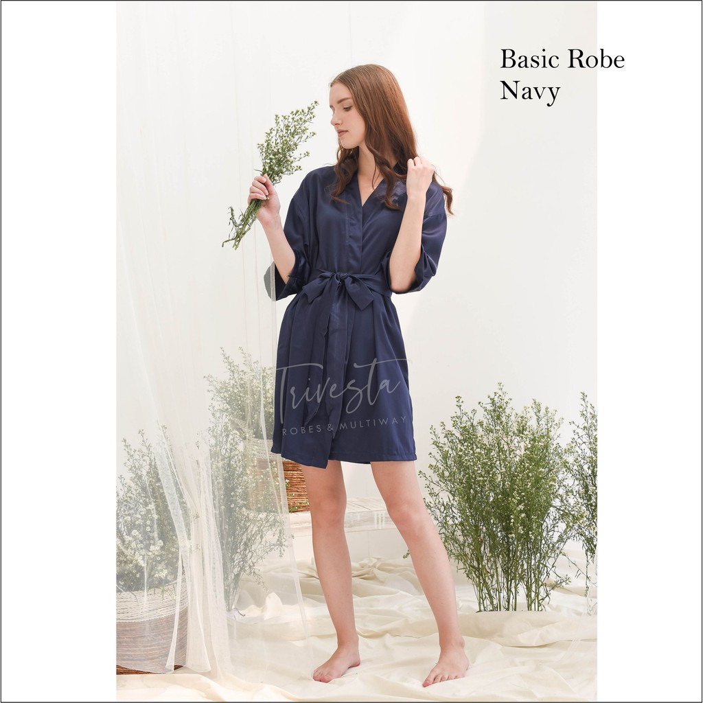 Trivesta Robes - Basic Robe Navy - Kimono Robe Bridesmaid Satin + Free Bordir (Tulisan Bebas Bisa Nama)