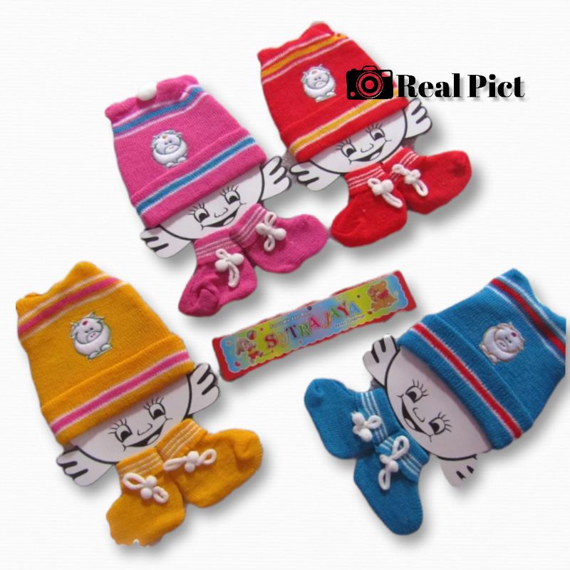 2in1 Set Topi Rajut Bayi + Kaos Kaki Bayi ST-05003 Topi Bayi Kupluk Bayi Sarung