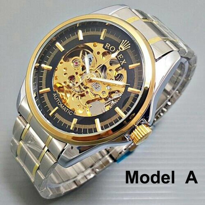LIMITED EDITION Jam Tangan Pria Elegant Mewah Rolex Big Size Ethnic Skeleton Rantai Hitam Putih Gold
