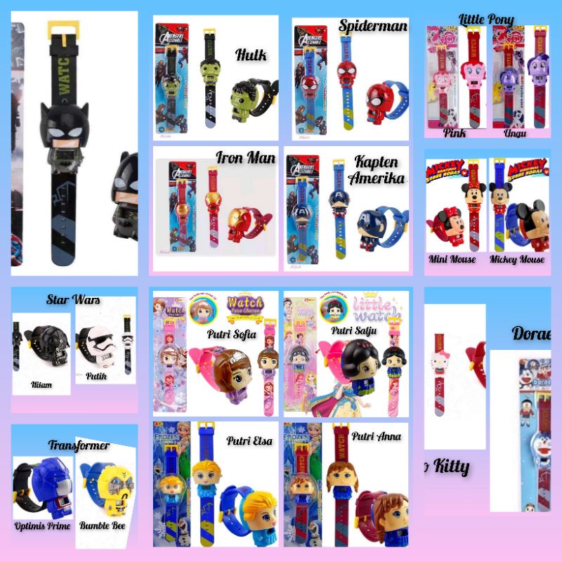 Jam Tangan Anak Super Hero dan Kartun (Ironman, Kapten Amerika, Batman,  Spiderman, Star Wars, Ultraman, Tranformer, LOL, Hello kitty, Doraemon, Mickey Mouse, Minie Mouse, Putri Sofia, Putri Salju,/ Snow White, Little Pinie DLL,)