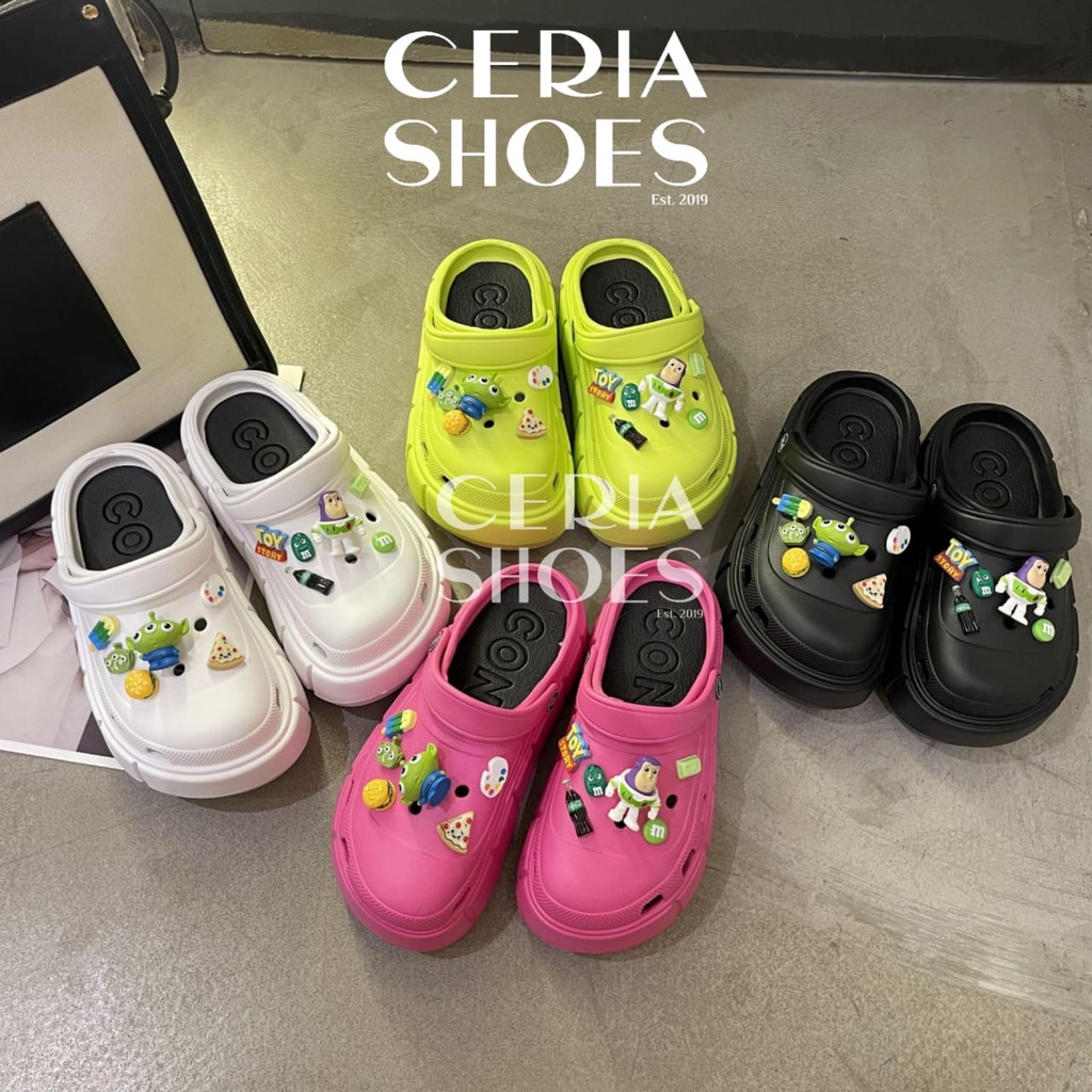 EVA Sandal Slop Clog Wanita 3D Toy Story Jibbitz Bangkok Import Spons Rubber Tebal Tinggi Karet Ringan Super Empuk Anti Slip Wedges Slides include Summer Sandals