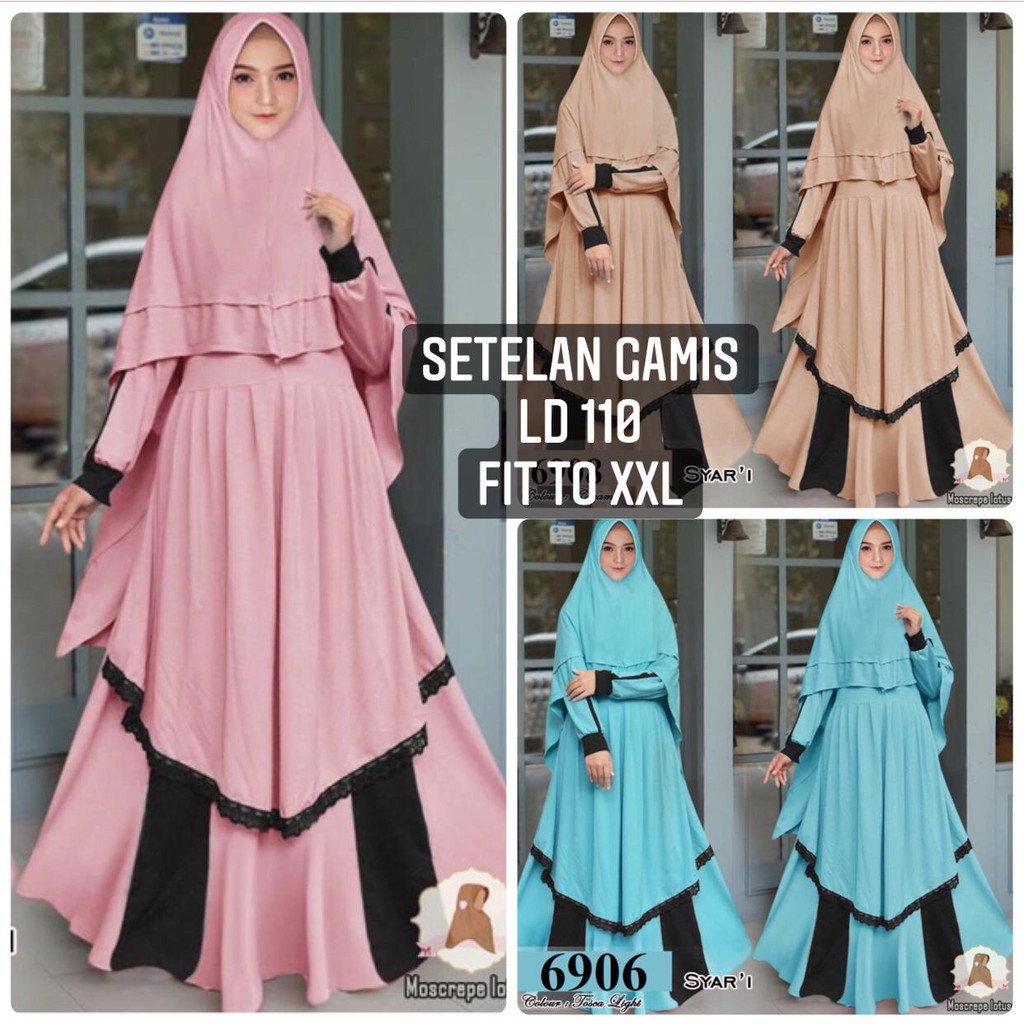 Zanira set syari gamis lebaran  muslimah, busui friendly, rok dua susun renda, bergo khimar antem fi