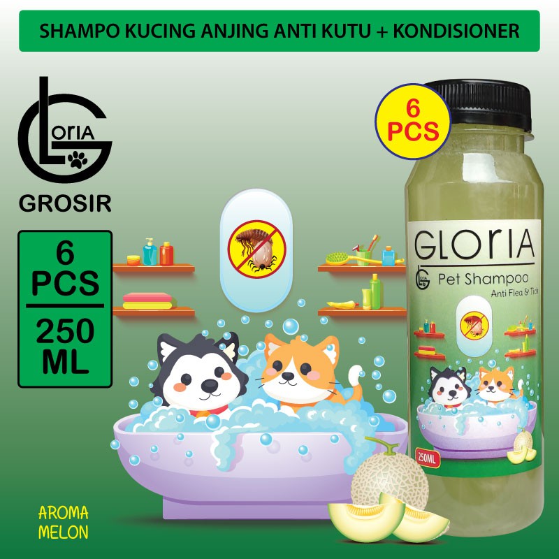 GROSIR Shampo Kucing Anjing Anti Kutu Aroma Melon Gloria 250ML-6PCS