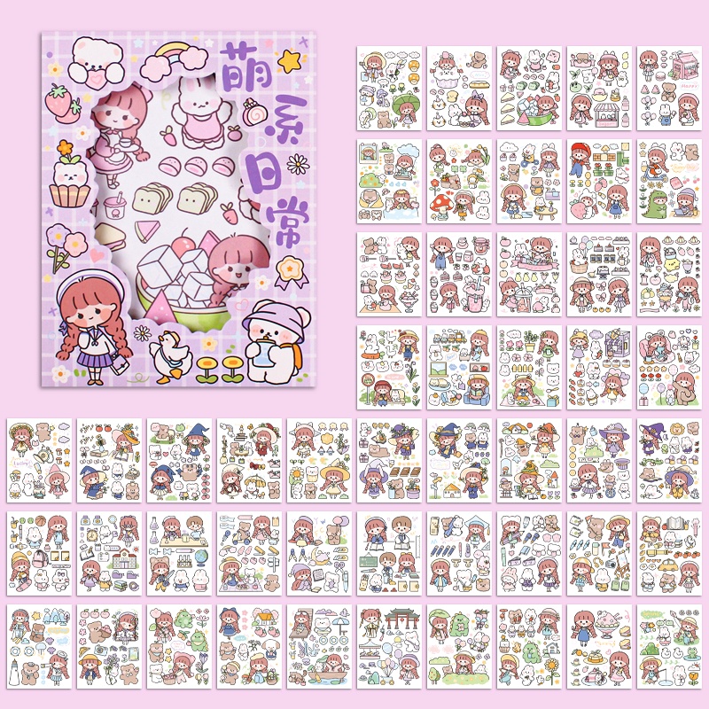 50 Lembar / Set Stiker Kertas / Selotip Washi Gambar Kartun Anak Perempuan Untuk Dekorasi DIY