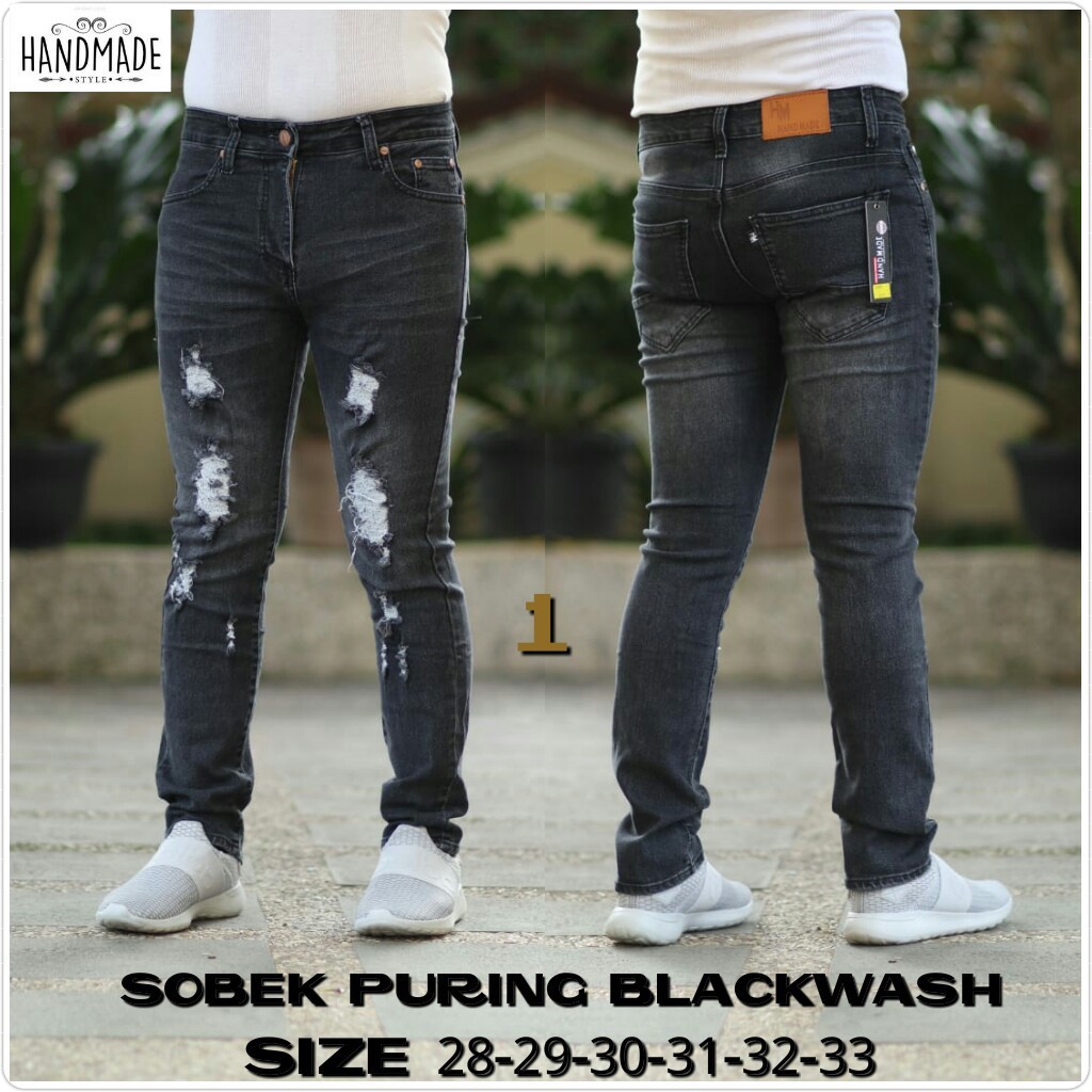 Celana Jeans Pria Skinny Biker Motor Ripped Knee Rips Sobek Robek Black Denim Streact Berkualitas S0